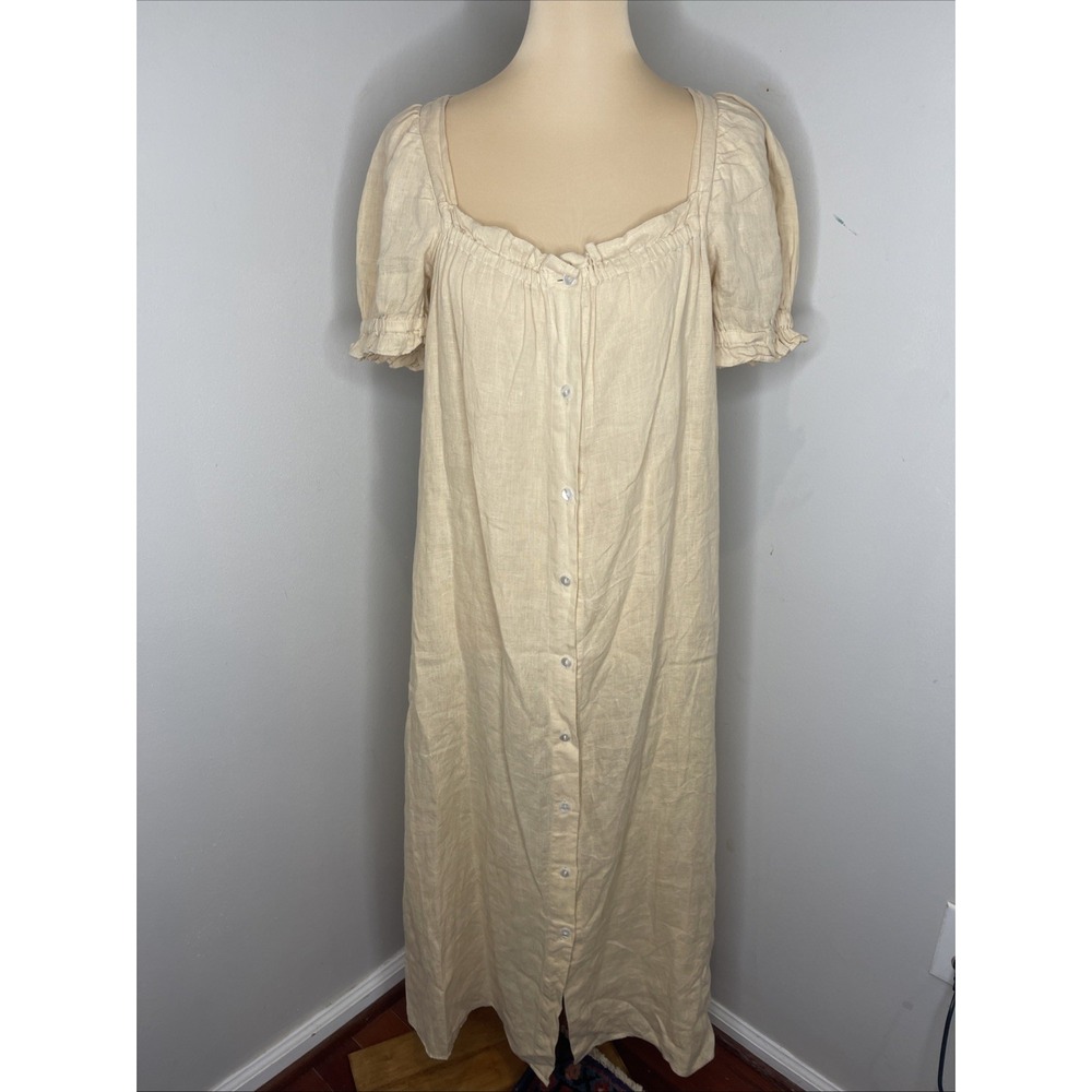 Sleeper Brigitte Midi Linen Dress in Beige Medium M